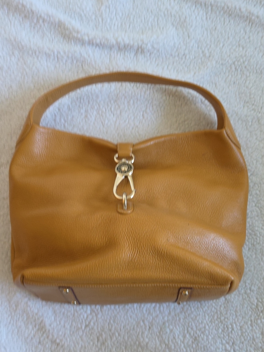 Mustard Tan Leather Shoulder Bag with Gold Hardware
